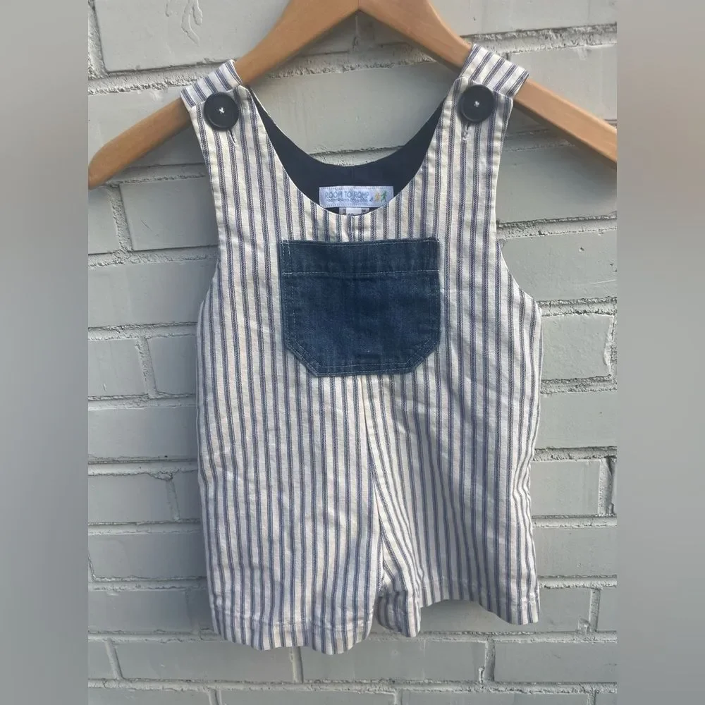 Room to Roup Baby Blue white Lined overalls striped denim Button Overalls Sz 18m
